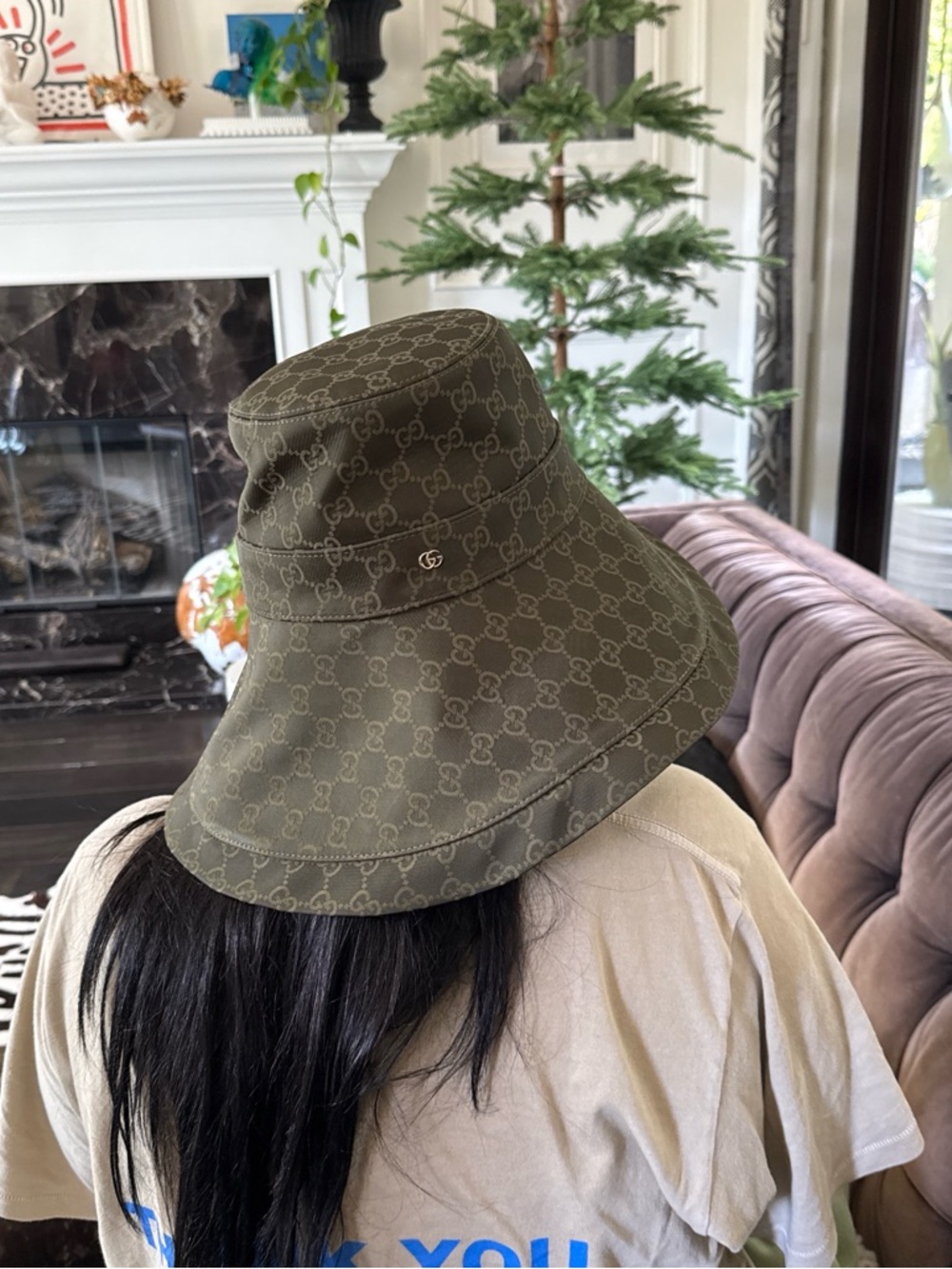 Gucci Olive GG Canvas Wide-Brim Bucket Hat with Gold GG Charm - Picture 8 of 11
